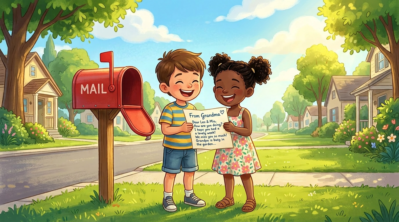 joyous young boy (white) and girl (black with a cute flowered dress and sandals) at their mailbox by the road reading a letter from grandma on a sunshiny day (cartoony style)