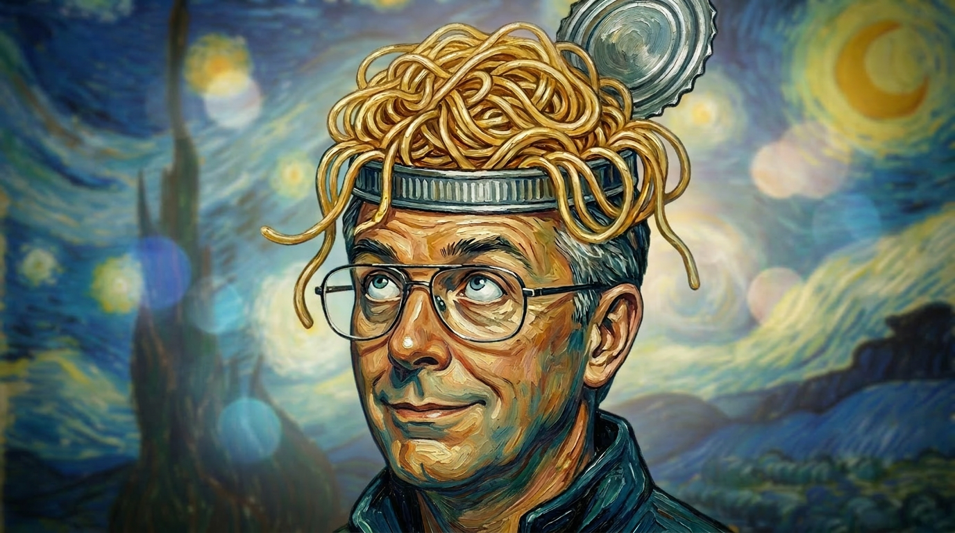 "From the Brain-Spaghetti of Written Expression Disorder to Final Posted Content" the author's head as an open can of spaghetti spilling out in front of of Van Gogh's Starry Night background 