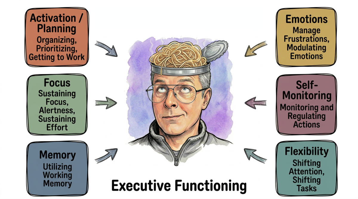 Cartoony headshot of Steve, his head an open tin can of spaghetti with six text boxes of executive function: Activation/Planning, Focus, Memory, Emotions, Self-Monitoring, and Flexibility
