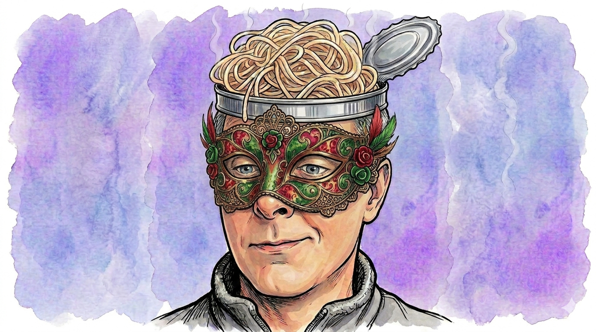 Image of Spaghetti-Brained Steve... head as an open tin-can with spaghetti spilling out wearing a masquerade party eye mask 