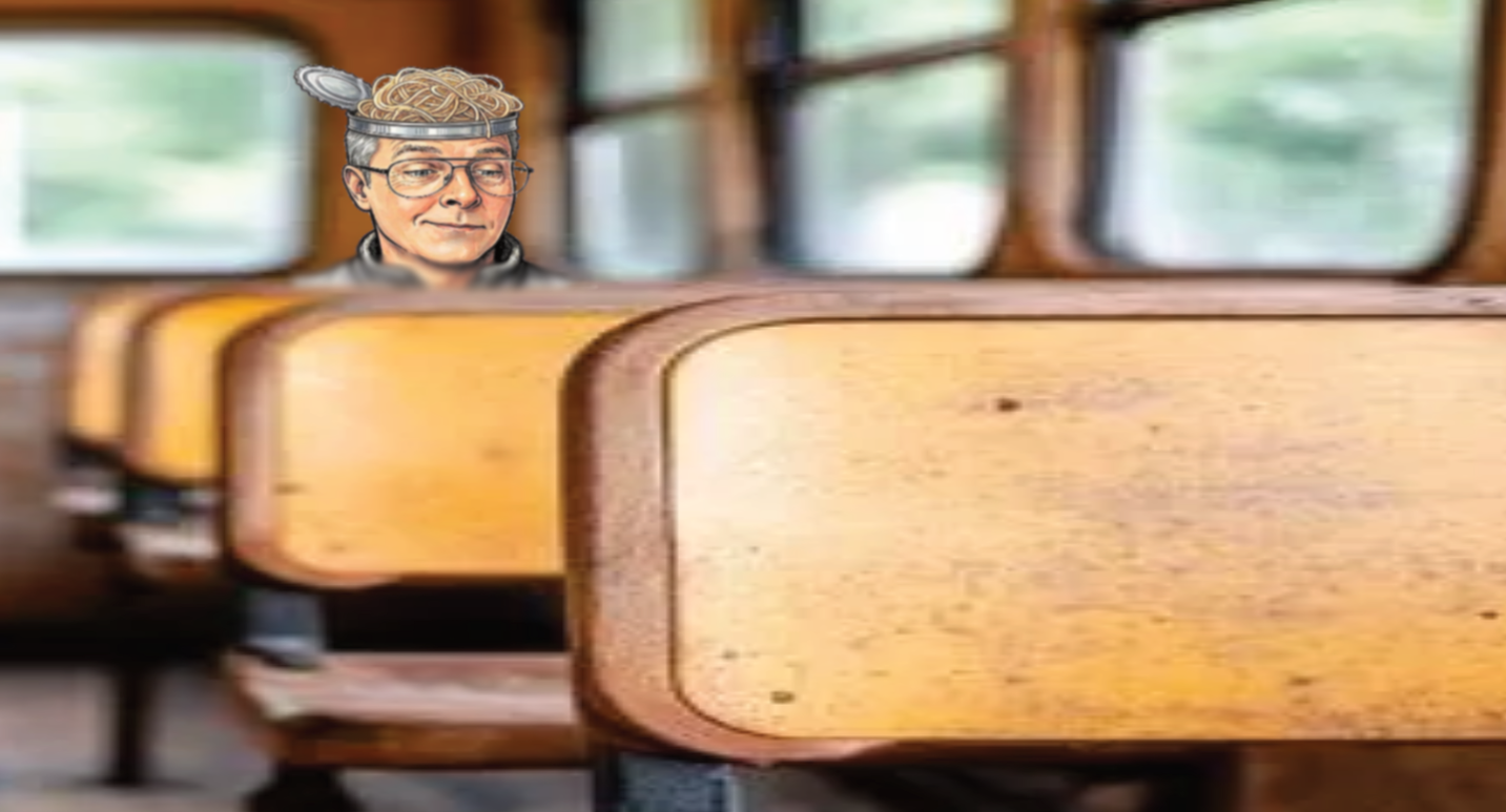 Spaghetti-Brain Steve (steve's head as an open can with his brain-spaghetti spilling out) sitting at the back of an old school bus interior