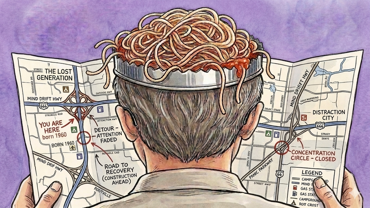 image of the back of Steve's head—as an open can of spaghetti—over the shoulder view as he's reading a map titled, "The Lost Generation"