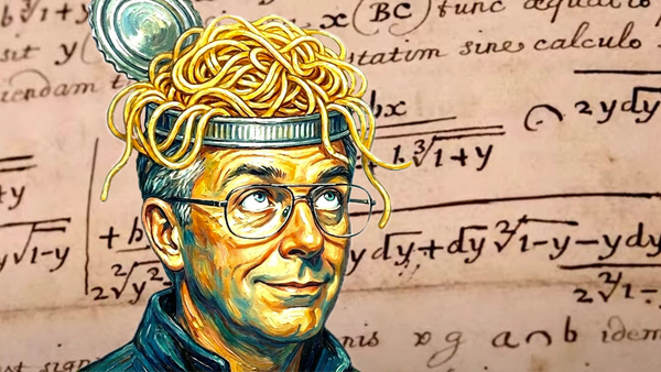 Steve's top-of-head as an open tin can spilling out spaghetti, the background is Leibniz handwritten calculus notation notebook page.