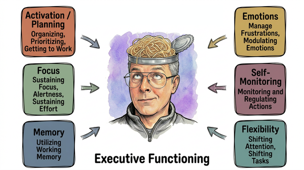 Cartoony headshot of Steve, his head an open tin can of spaghetti with six text boxes of executive function: Activation/Planning, Focus, Memory, Emotions, Self-Monitoring, and Flexibility