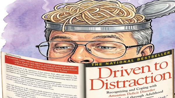 Driven to Distraction, the classic open book cover in the foreground, Steve's upper face and spaghetti-brain head, like an open tin-can, seen reading