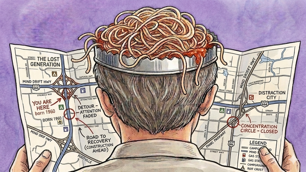 image of the back of Steve's head—as an open can of spaghetti—over the shoulder view as he's reading a map titled, "The Lost Generation"